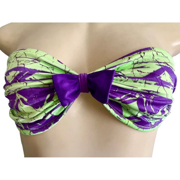 Vintage 80s Strapless Bikini Top by Rik Rik size S in Neon Green & Purple Retro - Picture 3 of 9